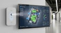 Smart Disinfection System: Wall Unit & Tablet Displaying Floor Plan, Energy Data in Modern Office Royalty Free Stock Photo