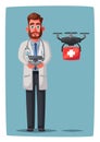 Smart doctor with drone. Funny character design. Cartoon vector illustration Royalty Free Stock Photo