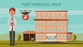 Smart doctor with drone. Modern hospital. Cartoon vector illustration Royalty Free Stock Photo