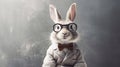Smart doctor rabbit or bunny wearing glasses bow tie and suit jacket on gray background Teacher or scientist Funny education and