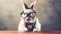 Smart doctor rabbit or bunny wearing glasses bow tie and white coat on gray background Teacher or scientist Funny education and