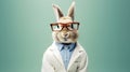Smart doctor rabbit or bunny wearing glasses and a white coat on mint green background Teacher or scientist Funny education and