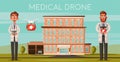 Smart doctor with drone. Modern hospital. Cartoon vector illustration Royalty Free Stock Photo