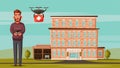 Smart doctor with drone. Modern hospital. Cartoon vector illustration Royalty Free Stock Photo