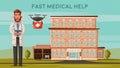 Smart doctor with drone. Modern hospital. Cartoon vector illustration Royalty Free Stock Photo