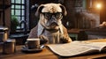 Smart dog reading and holding newspaper at home Royalty Free Stock Photo