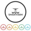 Smart drone farm icon. Set icons in color circle buttons
