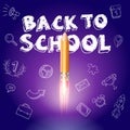 Smart education. Back to school with hand drawn education icons. Rocket ship launch with pencil - sketch on the blackboard, Royalty Free Stock Photo