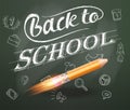 Smart education. Back to school with hand drawn education icons. Rocket ship launch with pencil - sketch on the blackboard, Royalty Free Stock Photo