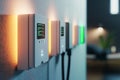 Smart energy distributor illuminated in a modern living space with devices connected. Generative AI