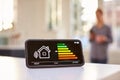 Smart Energy Meter In Kitchen Measuring Energy Efficiency With Figure In Background Royalty Free Stock Photo