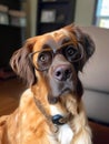 Smart face of a big dog wearing glasses. Dog in collar sitting indoors looking at camera. Blurred backdrop. Generative AI