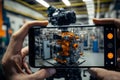 Smart factory with control Using a smartphone to check the job status, industry 4.0 concept, Generative AI Royalty Free Stock Photo