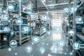 Smart factory with digital icons representing industry 4.0 technology in a modern industrial setting Royalty Free Stock Photo