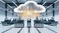 smart factory floor featuring automated machinery and glowing binary code streams, symbolizing advanced technology and