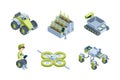 Smart farm. Agricultural automatic processes industrial robots smart tractors harvesters eco greenhouse vector isometric