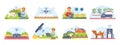 Smart farm and agriculture set of isolated vector illustrations. Farmers technology management information systems. Royalty Free Stock Photo