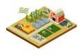 Smart farm buildings. Big household agriculture machinery feed tractors harvesters working field automatical control