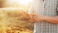 Smart farm concept. Close-up of farmer standing in field in rays sunset and using tablet, worker browsing internet Royalty Free Stock Photo