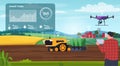 Smart farm. Interactive management of agricultural production processes. Village equipment for tillage. Vector