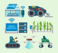 Smart farm. Unmanned farming agriculture innovations digital energy smart industry vector flat pictures set