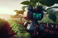 Smart farmer robots analyze fresh plant growth in futuristic robot automation to improve efficiency