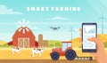 Smart farming agriculture technology, vartoon farmer hands holding mobile smartphone