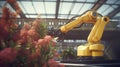 Smart farming, automated industrial robotic arm picking up plants in a greenhouse