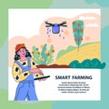 Smart farming banner template with woman farmer holding controller and drone flying over farm field