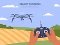 Smart farming concept, drone flying over the field, banner template - flat vector illustration. Royalty Free Stock Photo