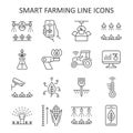Smart farming line icon set. Vector collection with tractor, watering system, agriculture drone, robot, surveillance camera,