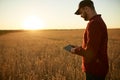 Smart farming using modern technologies in agriculture. Man agronomist farmer with digital tablet computer in wheat