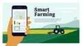 Smart farming vector illustration with human hand holding smartphone and tractor plowing field