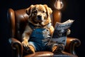 smart fat dog in a chair reading a newspaper Royalty Free Stock Photo