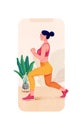 Smart fitness. smart phone online exercise/yoga session at Home. Creative poster or banner design with illustration of woman doing