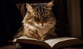 Smart fluffy cat reading a book. Cutepet sits over the book with serious expression. Close up. Generative AI