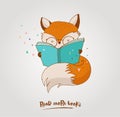 Smart Fox, reading book, greetin card Royalty Free Stock Photo