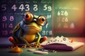 Smart frog doing homework. AI generated