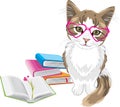 Smart funny kitten with books