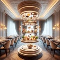 a smart futuristic dining room with a levitating dessert cart featuring gravity-defying sweet treats. T