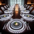 smart futuristic dining table set with transparent glass plates embedded with LED lights.