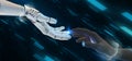 smart futuristic technology concept, cyborg hand touch the human finger with abstract technology background and show hud head up