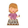 Smart Girl Character Playing Chess on Checkered Chessboard Vector Illustration Royalty Free Stock Photo