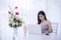 Smart girl`s working on notebook , Workingwoman using laptop in