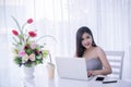 Smart girl`s working on notebook , Workingwoman using laptop in