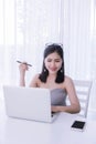 Smart girl`s working on notebook , Workingwoman using laptop in Royalty Free Stock Photo