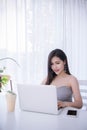 Smart girl`s working on notebook , Workingwoman using laptop in