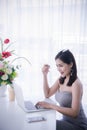 Smart girl`s working on notebook , Workingwoman using laptop in