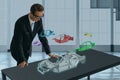 Smart glasses device concept, engineer use augmented mixed virtual reality technology to look at the industrial process line, for