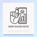 Smart glucose meter thin line icon: hand with blood drop and smartphone with a result. Modern vector illustration of diabetes Royalty Free Stock Photo